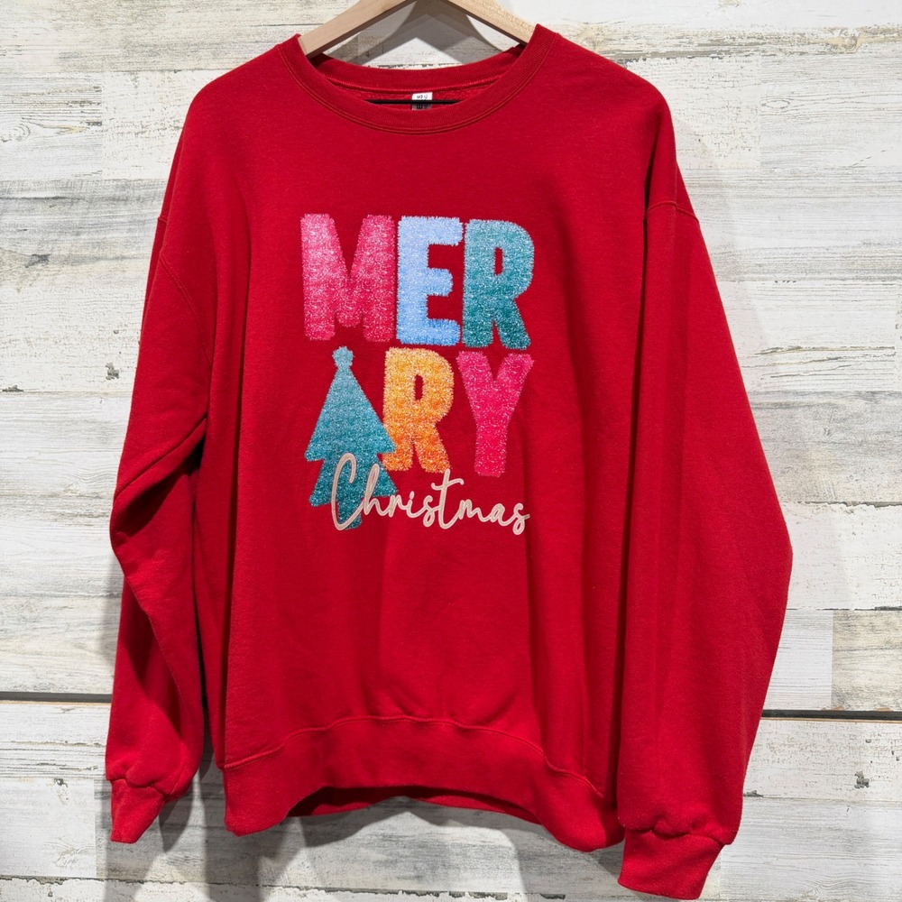 Jerzees Sweatshirt Women Large Red Merry Christmas Graphic Holiday GUC*